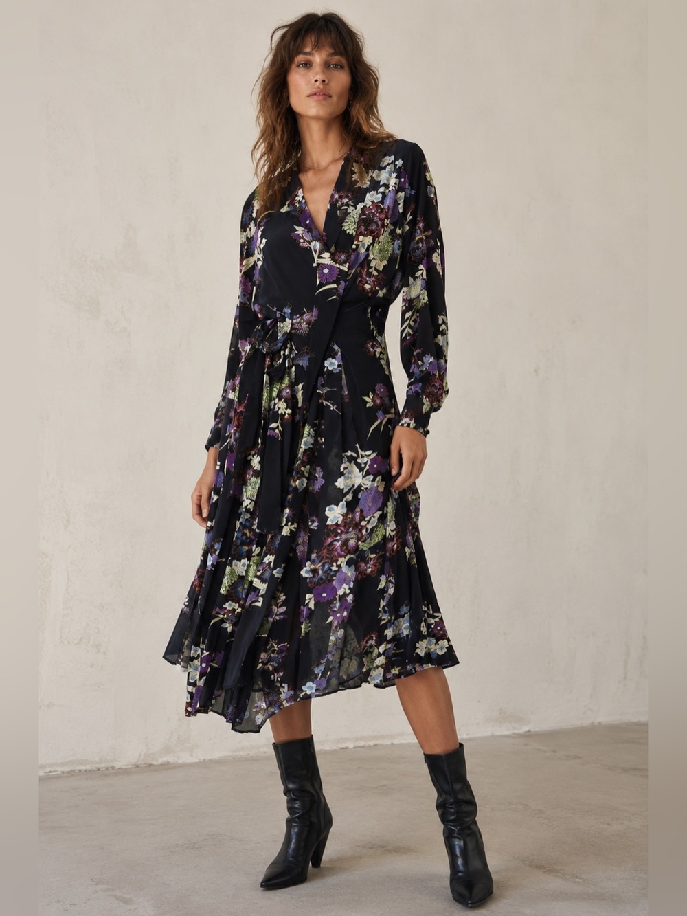 Isabel Marant Black Silk Floral Wrap Midi Dress Pleated Hem FR 42